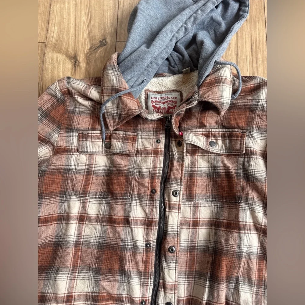 Levi's Men's Size XXL Sherpa Lined Hooded Plaid Brown And Orange Shirt Jacket - Picture 8 of 13